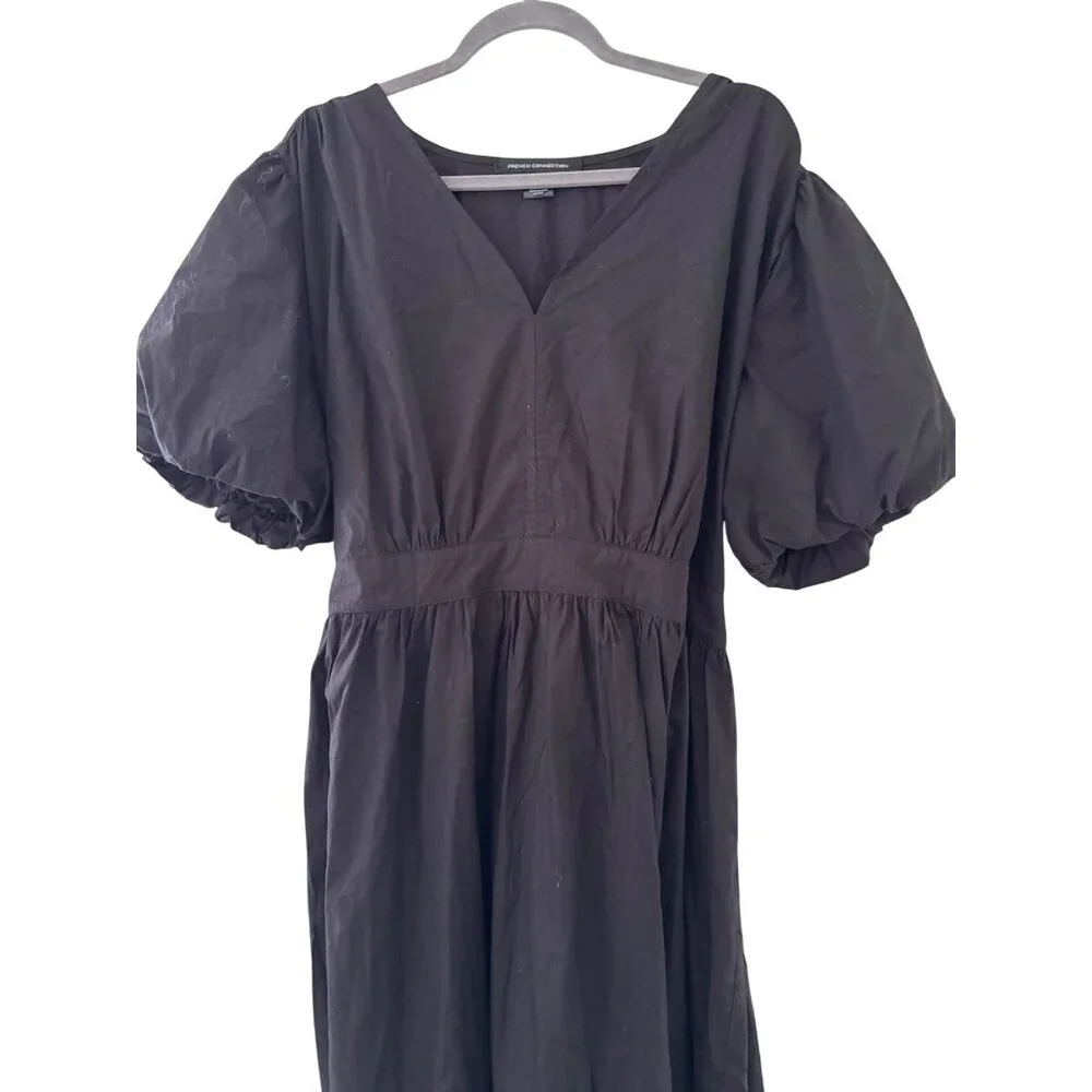French Connection Black Puff Sleeve V-Neck Maxi Dress XXL Cotton Blend NWOT - Picture 11 of 13